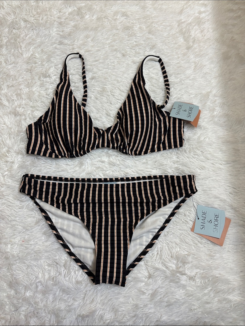 NWT Shade & Shore Textured Striped 2 Piece Bikini Set Top Size 36C & Bottoms M
